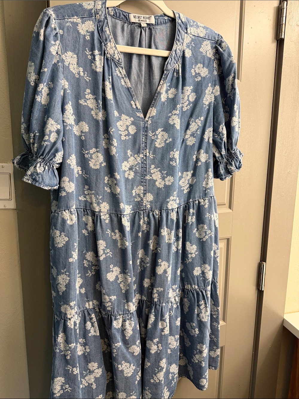 Velvet Heart chambray denim Floral Tiered Midi Dress